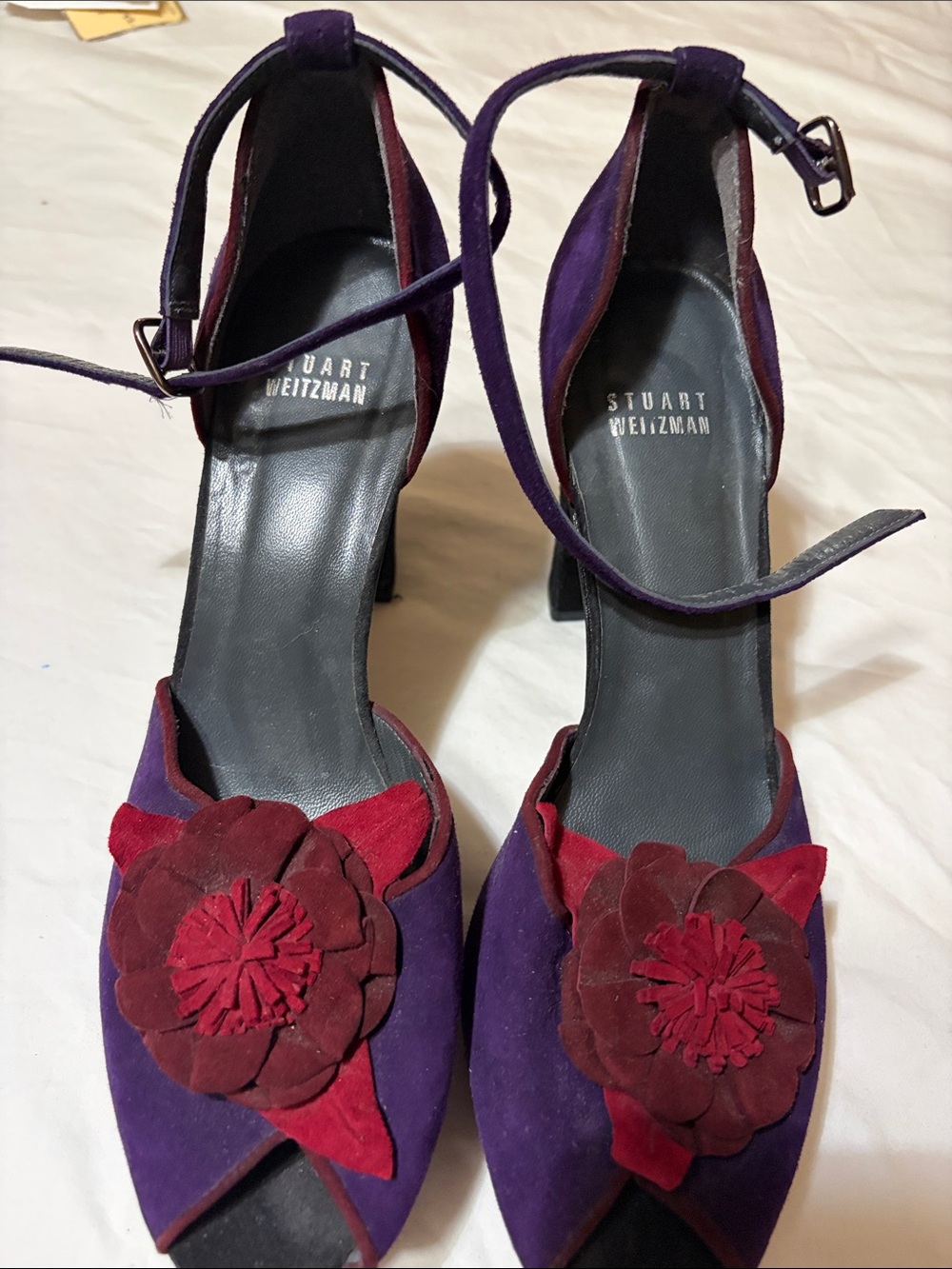 Stuart Weitzman Purple and Red Suede Floral Ankle-Strap Heels